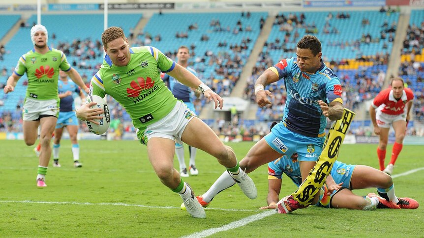 Brenko Lee scores a try for the Raiders against the Titans at Robina on June 26, 2016.
