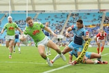 Brenko Lee scores a try for the Raiders against the Titans at Robina on June 26, 2016.