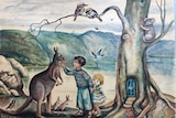 A Pixie O'Harris painting, depicting a young boy and girl standing under a tree next to a kangaroo.