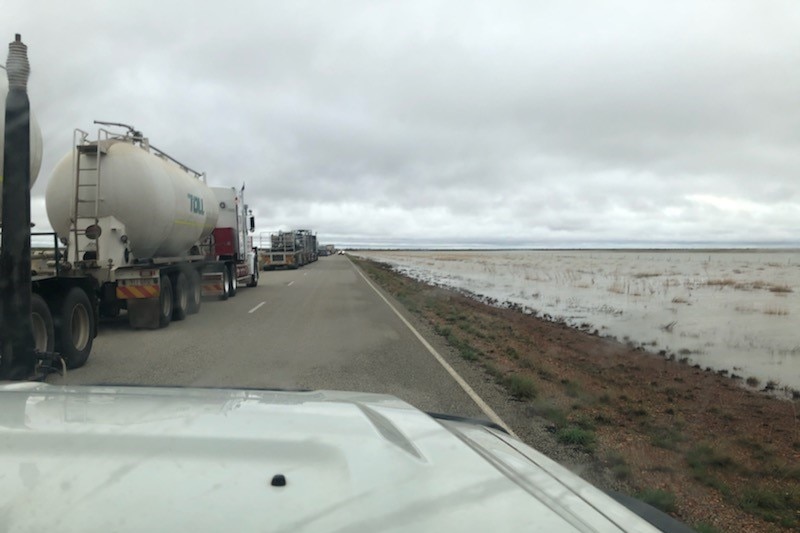 Traffic comes to a stand still on a road between Camooweal and the NT that is surrounded by flood water.