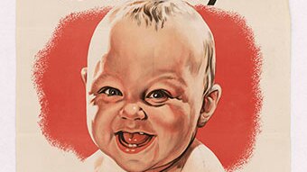 An old fashioned poster with a drawn picture of a smiling baby with black written words saying Diphtheria is deadly at the top
