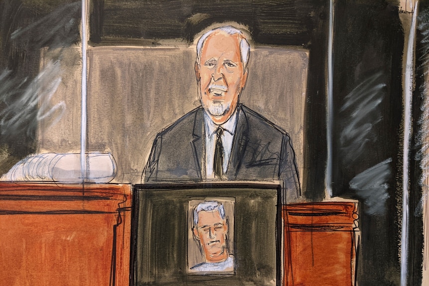 A court sketch shows an older man with white hair sitting in a stand behind plexiglass barrier
