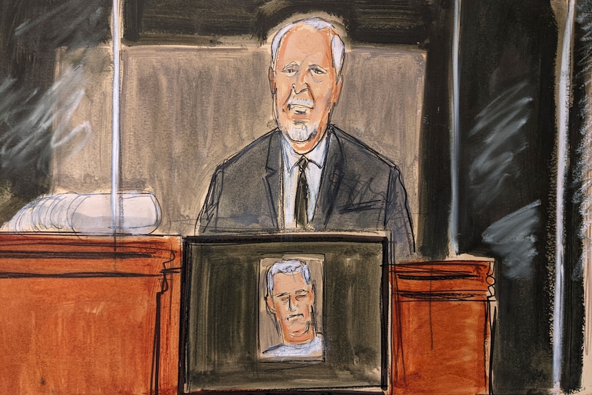 A courtroom sketch of a man with white hair and goatee in a suit and tie testifying at court