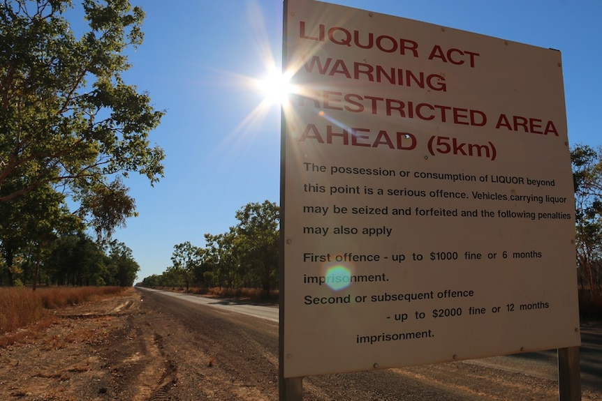 A sign warns travellers that liquor is banned from a point five kilometres ahead.