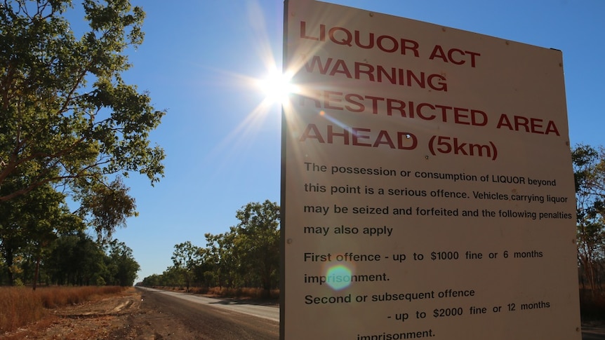 A sign warns travellers that liquor is banned from a point five kilometres ahead