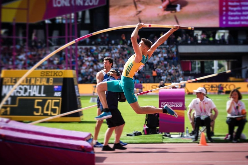 A side-on shot of Australian pole vaulter Kurtis Marschall launching himself into the air at the World Athletics Championships.