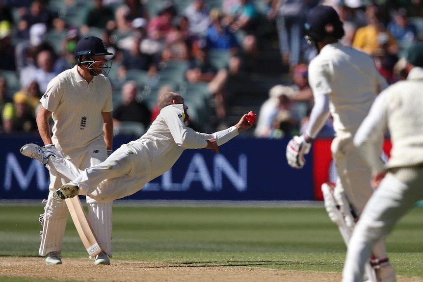 Nathan Lyon dives in the air to his left to take a one-handed catch off his own bowling to dismiss Moeen Ali.