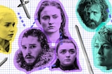 Collage of Game of Thrones characters Daenerys, Jon, Sansa, Arya, Cersei and Tyrion.