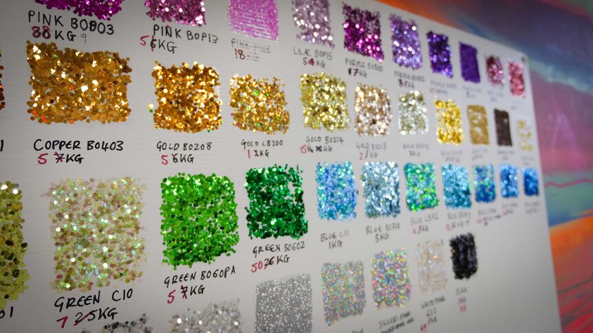 A palette board of available glitter colours at Sydney's Mardi Gras.