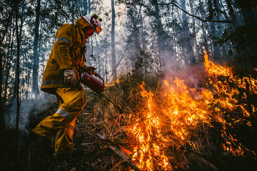 Firefighter uses a starter for a controlled burn.