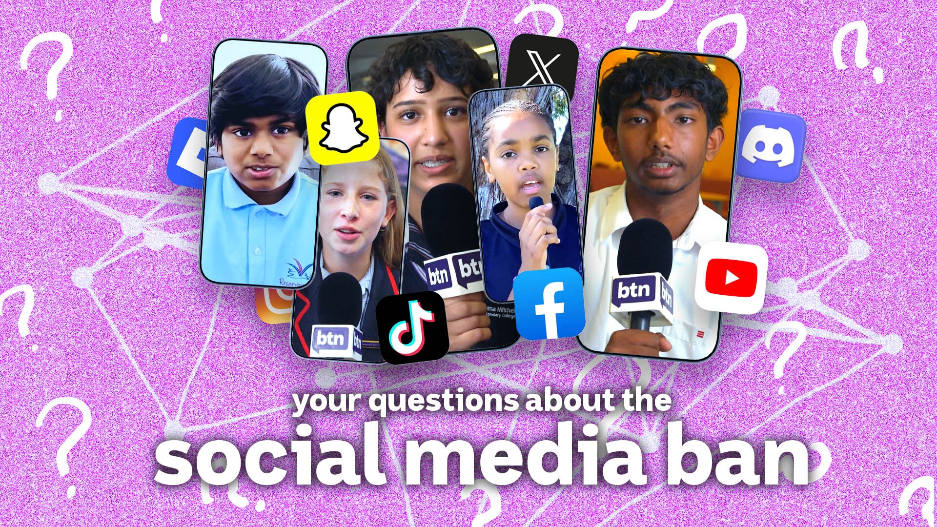Five mobile phone screens showing kids asking questions. Social media icons and question marks float about.
