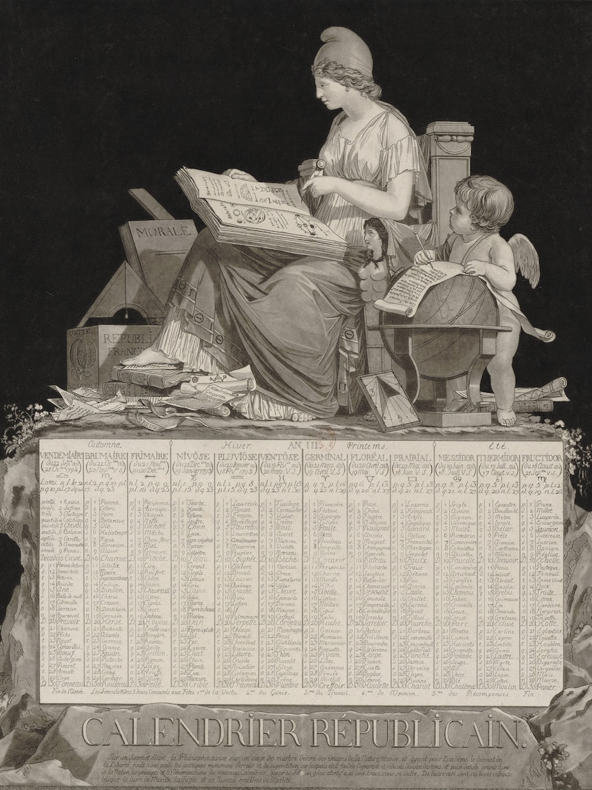 A 1700s image of a calendar with a woman and a cherub.