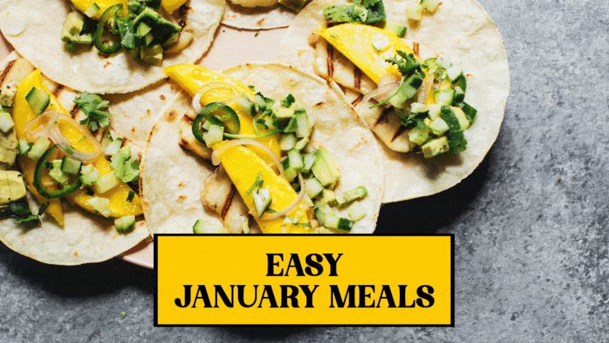 Mango and haloumi tacos, tomato and basil rice paper rolls and cold chicken ramen are easy January meals.