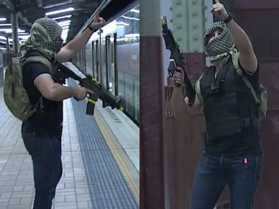 A composite image of two men holding weapons, with their faces covered.