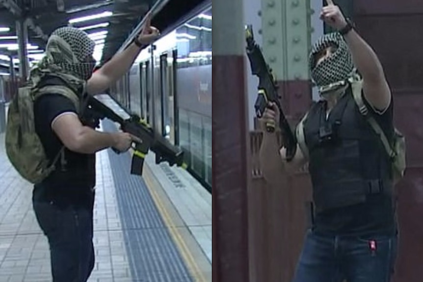 A composite image of two men holding weapons, with their faces covered.