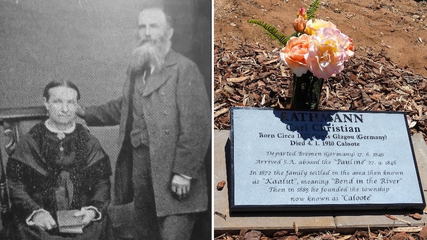 A composite image of an old black and white photo of a white man and woman wearing Victorian dress with a photo of a headstone.