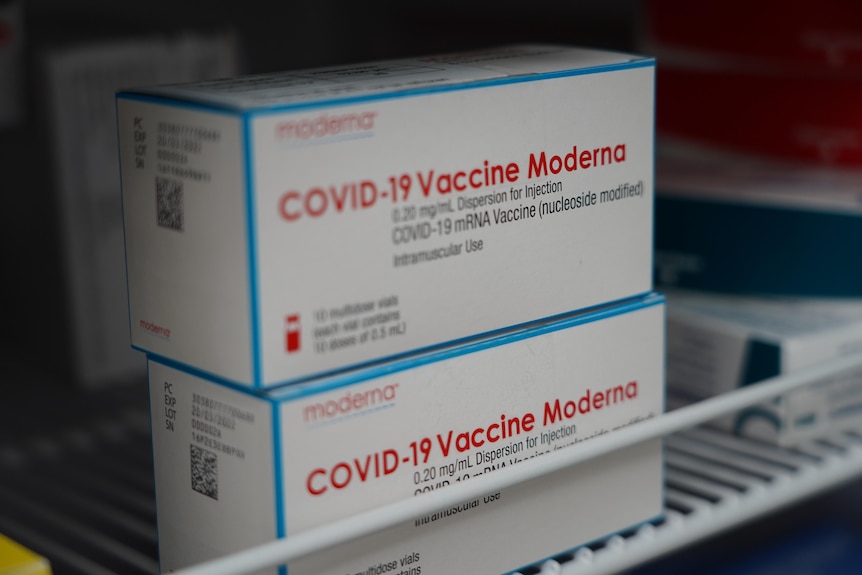 Box of vials of Moderna COVID-19 vaccine