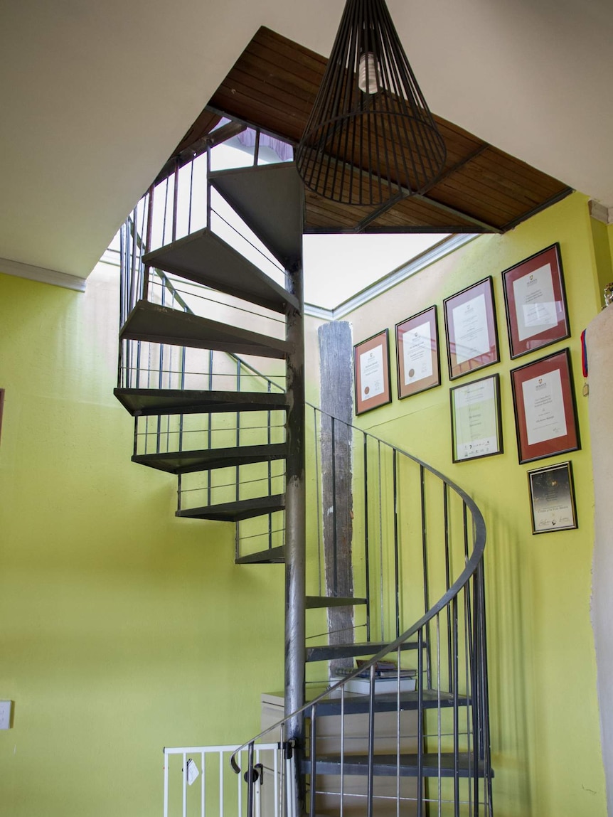 A metal spiral staircase