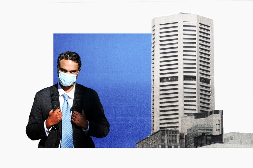 A collage of a man wearing a suit, tie and surgical mask, next to him is the MLC Centre office building.