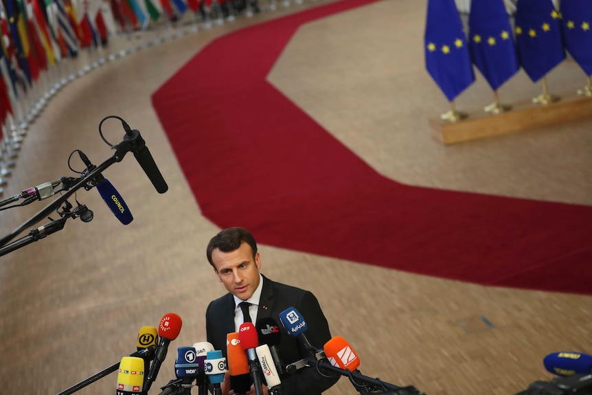 From a high angle, French President Emmanuel Macron speaks into a slew of microphones from global media.