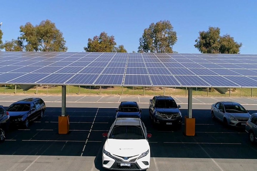 Outdoor carpark with vehicles parked on bitumen underneath a shelter that has solar panels fixed on top