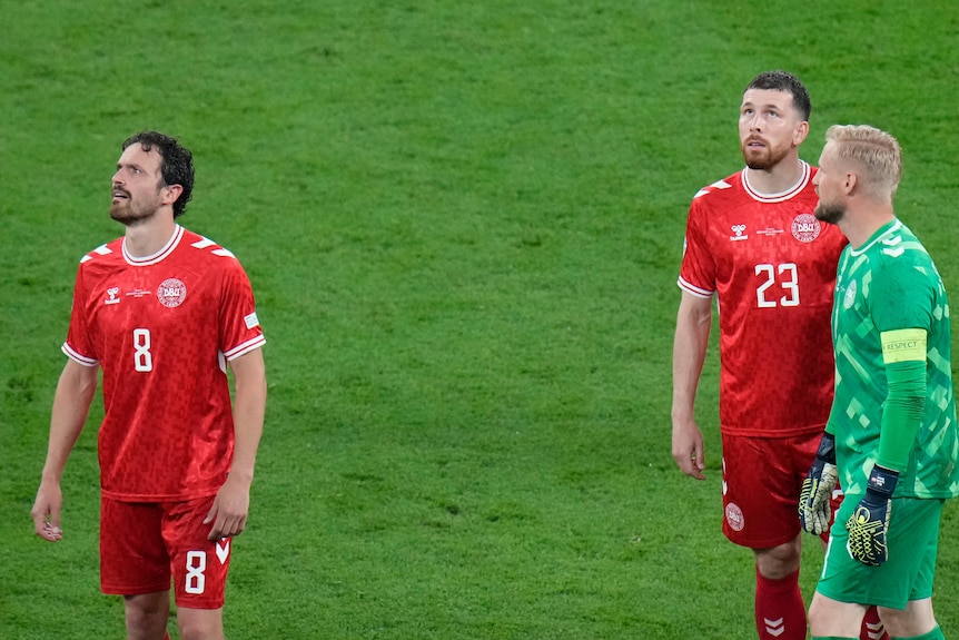 Thomas Delaney and Pierre Emile-Hojbjerg look at the roof