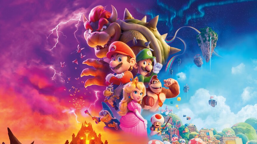 Multiple characters from the Super Mario Bros games, in the middle of a world split between light and darkness.
