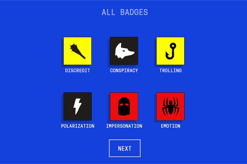 The different badges for misinformation tricks in the 'Bad News' research game
