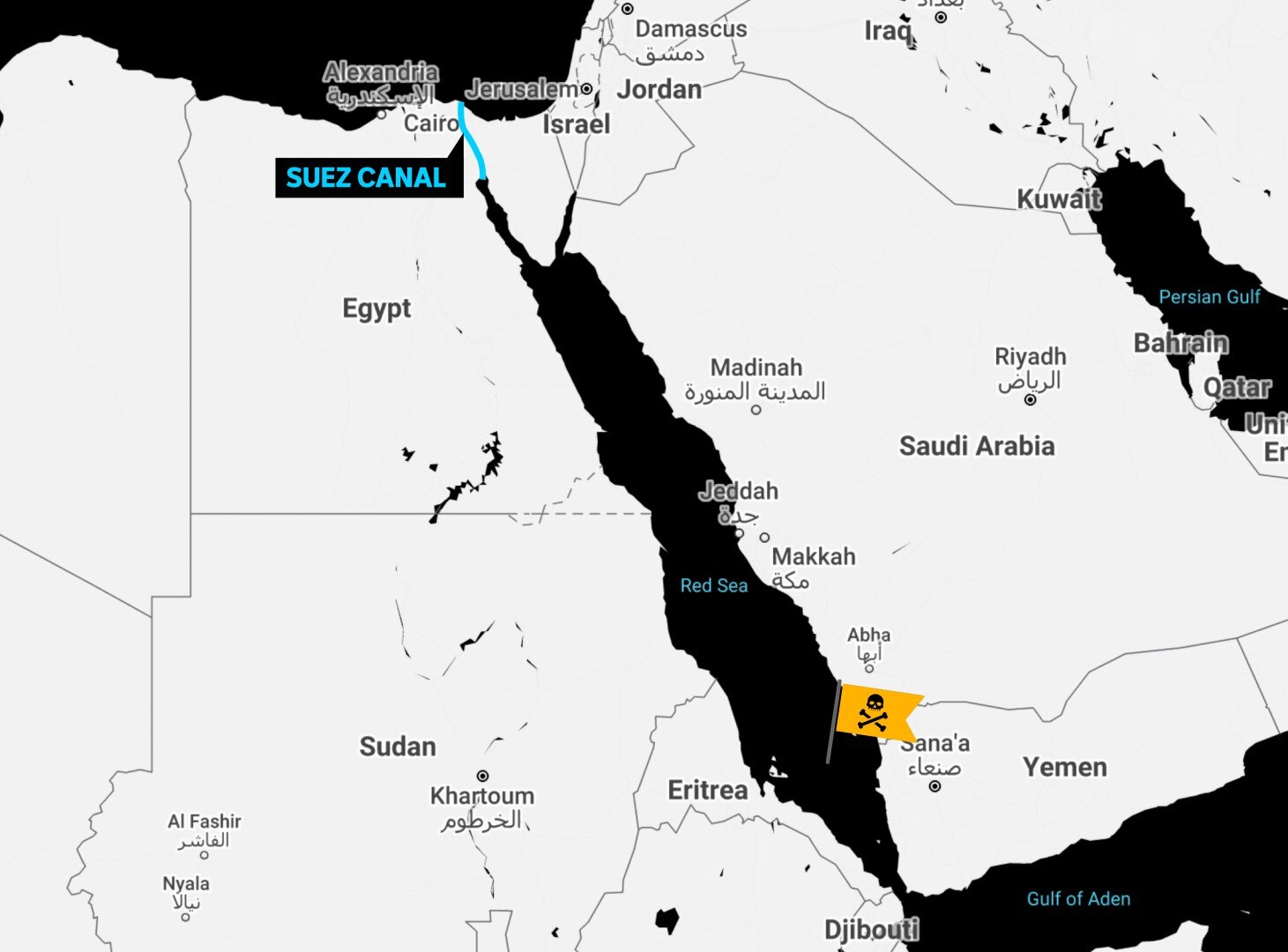 A black and white map showing the Red Sea and Suez Canal as well as surrounding countries