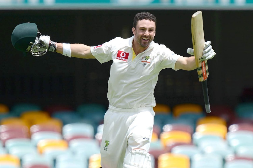 Timely ton... Ed Cowan celebrates bringing up his first Test century.