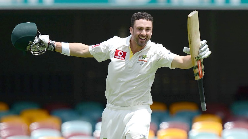 Timely ton... Ed Cowan celebrates bringing up his first Test century.