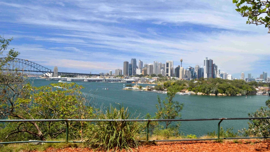 The view of Sydney's CBD, Barangaroo and Sydney Harbour Bridge from Balls Head Reserve in North Sydney.