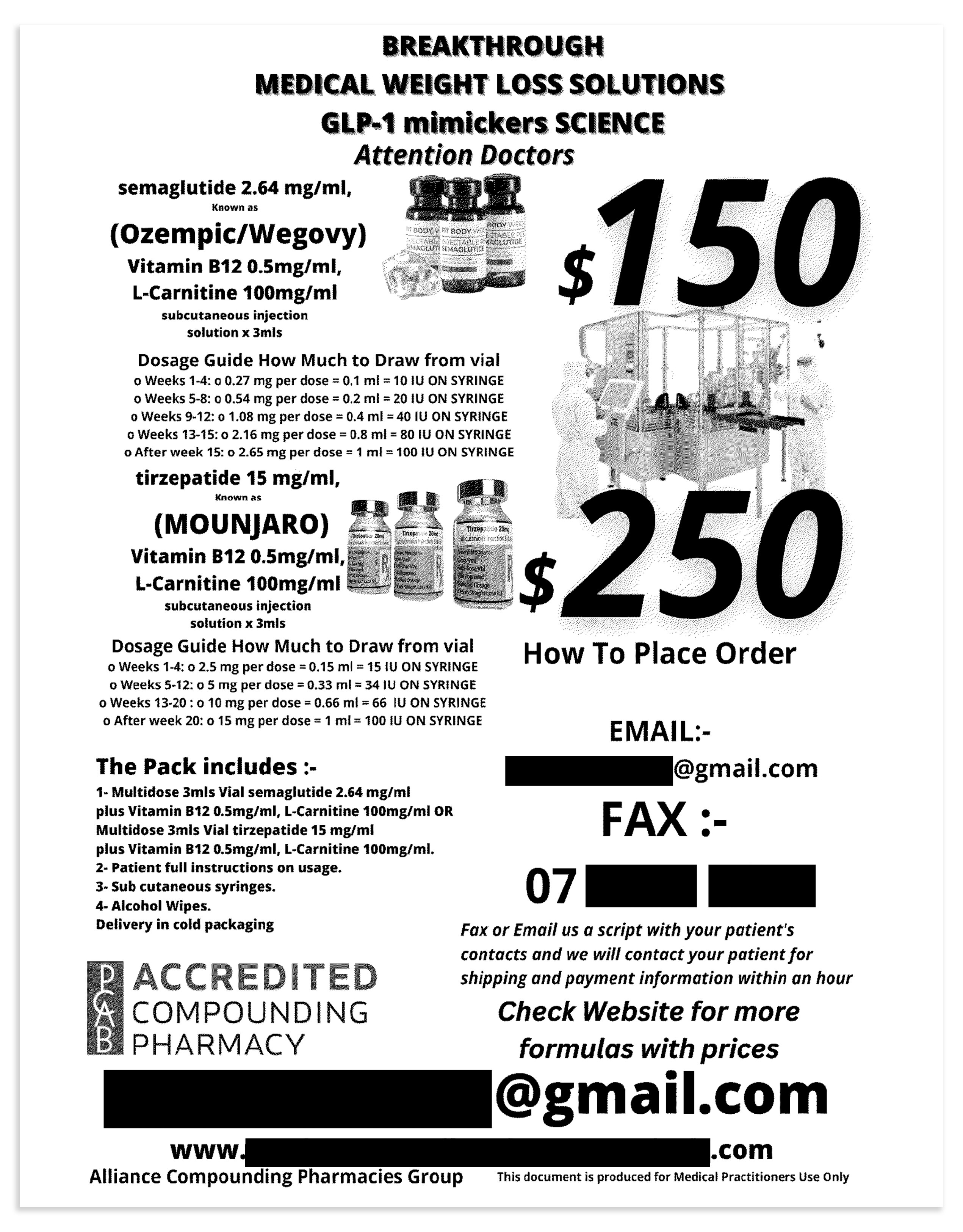 A black and white fax, advertising medication with the title "Breakthrough Medical Weight Loss Solutions".