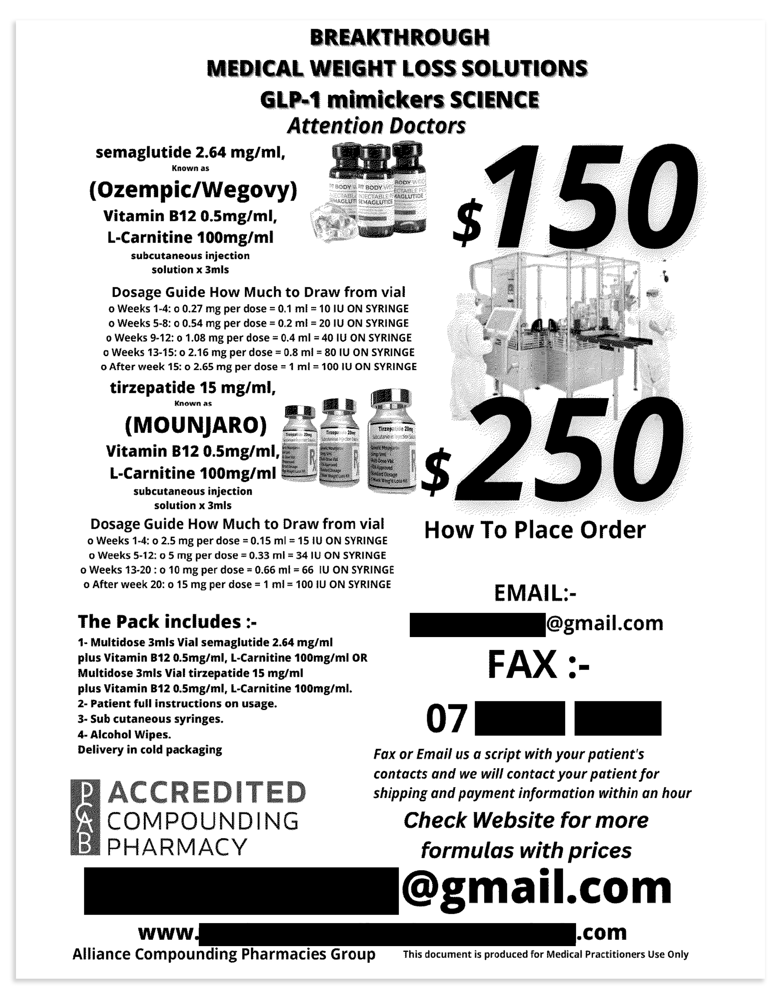 A black and white fax, advertising medication with the title "Breakthrough Medical Weight Loss Solutions".