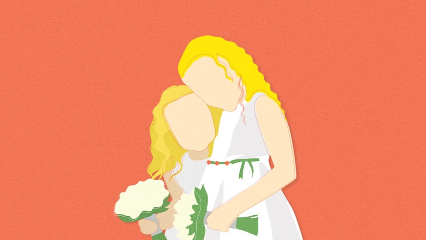 A collage-style illustration of two young flowergirls.