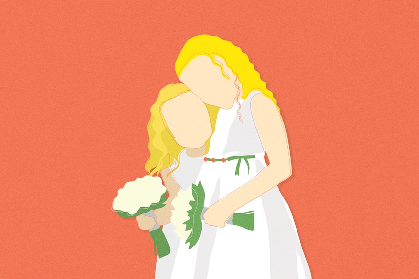 A collage-style illustration of two young flowergirls.