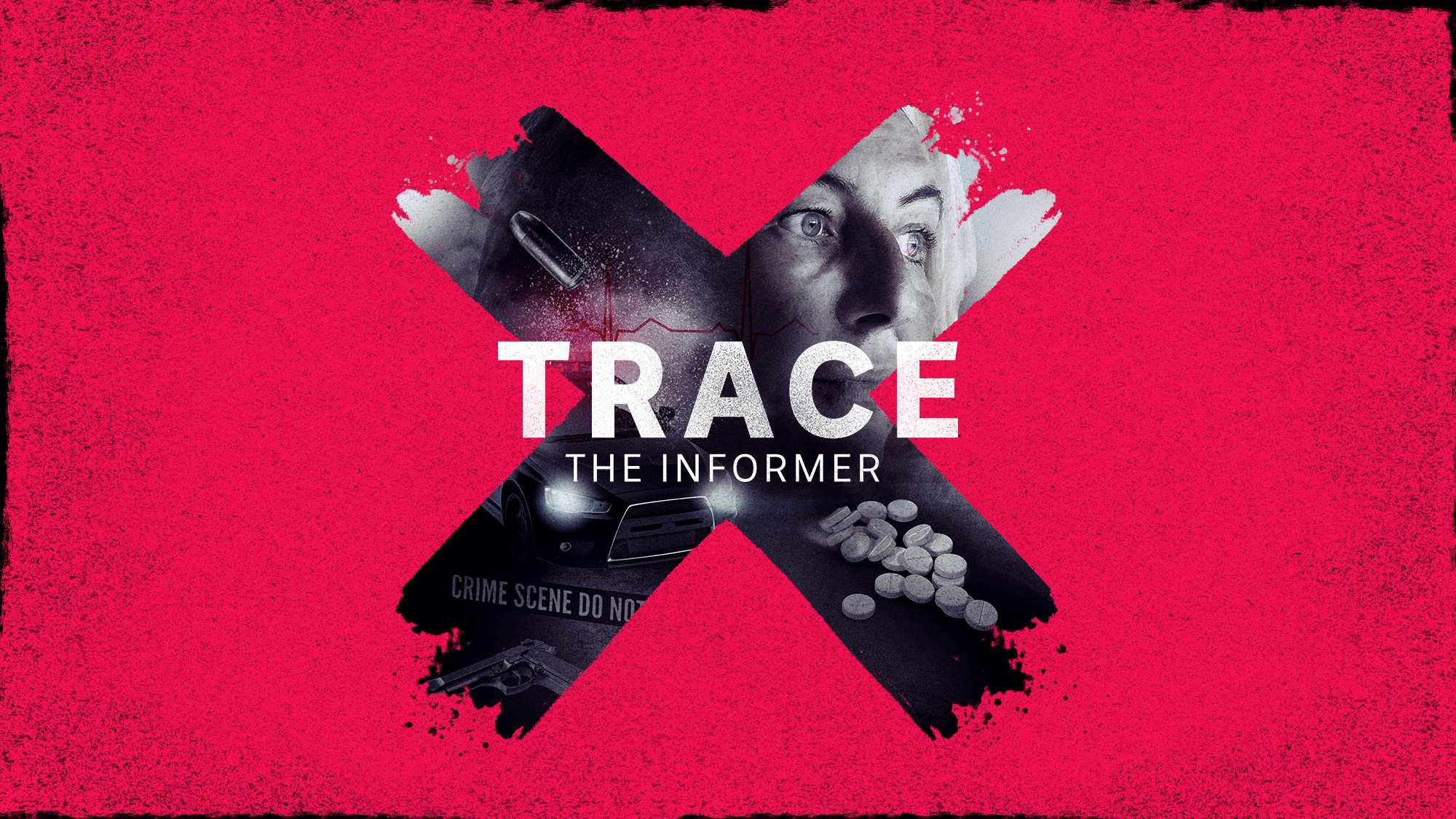 Red background with Program title in an X shape filled with images of pills, a bullet, a womans face and a crime scene banner