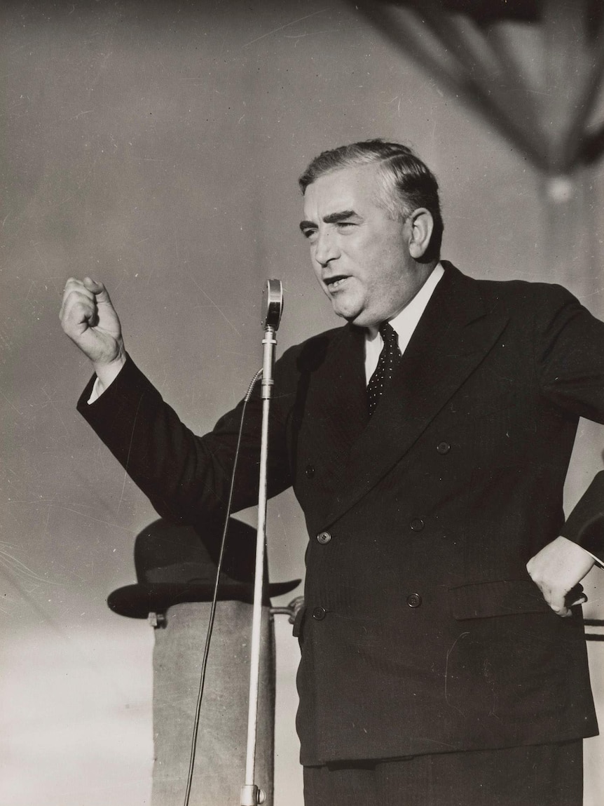 Former prime minister Robert Menzies speaking to striking miners