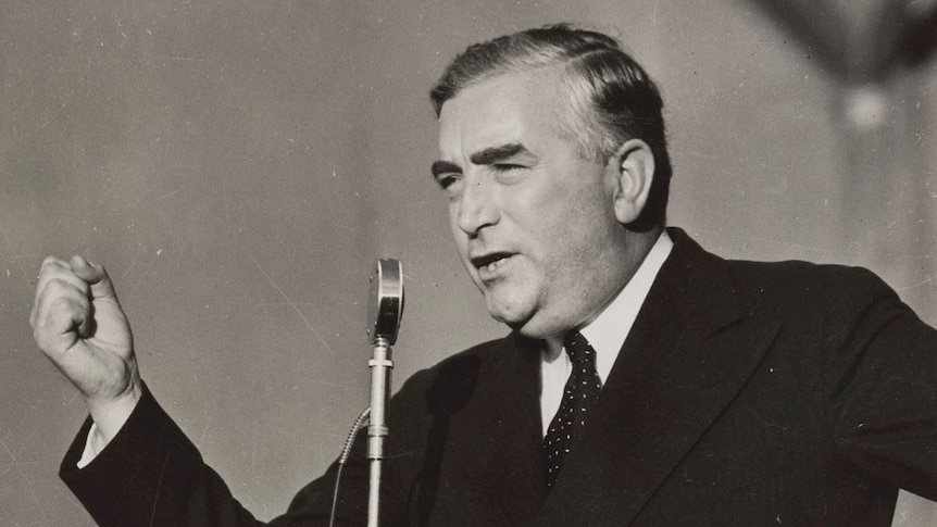 Former prime minister Robert Menzies speaking to striking miners