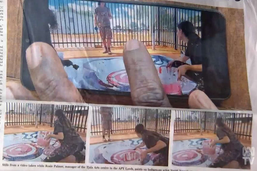 Five images of an Indigenous artwork being painted.