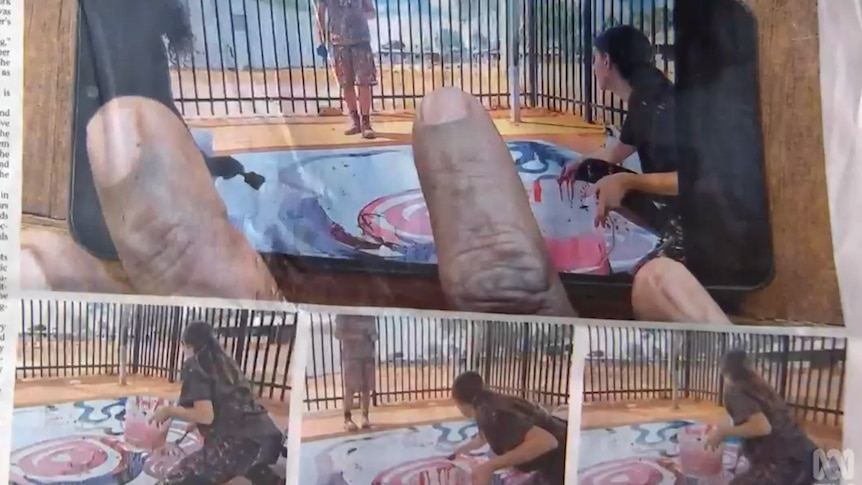 A series of images showing a woman painting on a canvas on the ground.