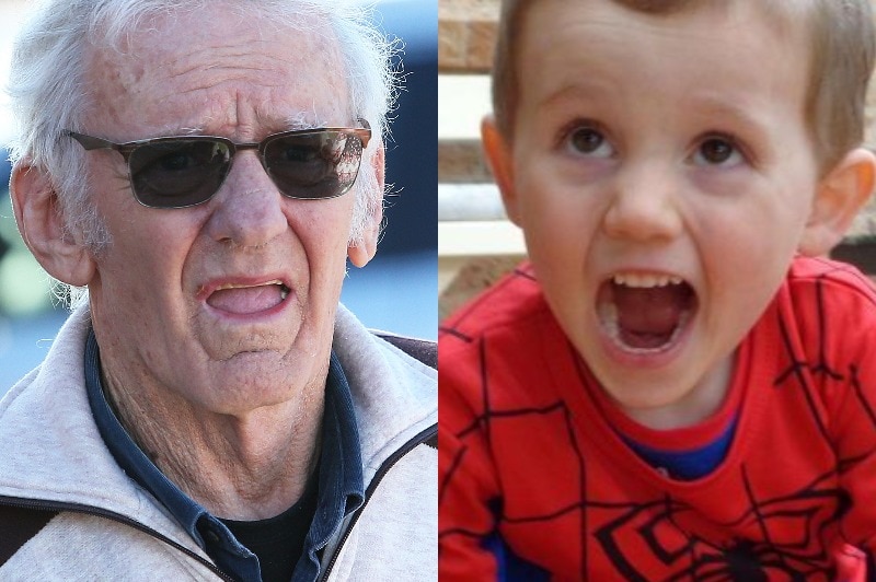 A composite image of an old man, and a young boy both with their mouths open