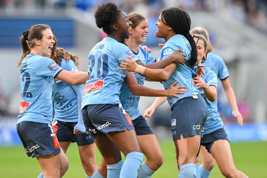 Sydney FC A-League Women players celebrate a goal during the grand final against Western United.