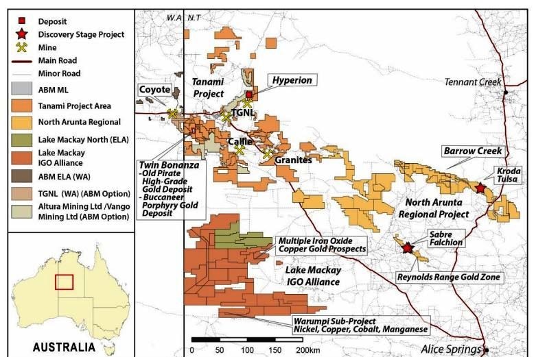 A map of ABM Resources' Central Australian gold and metal interests.