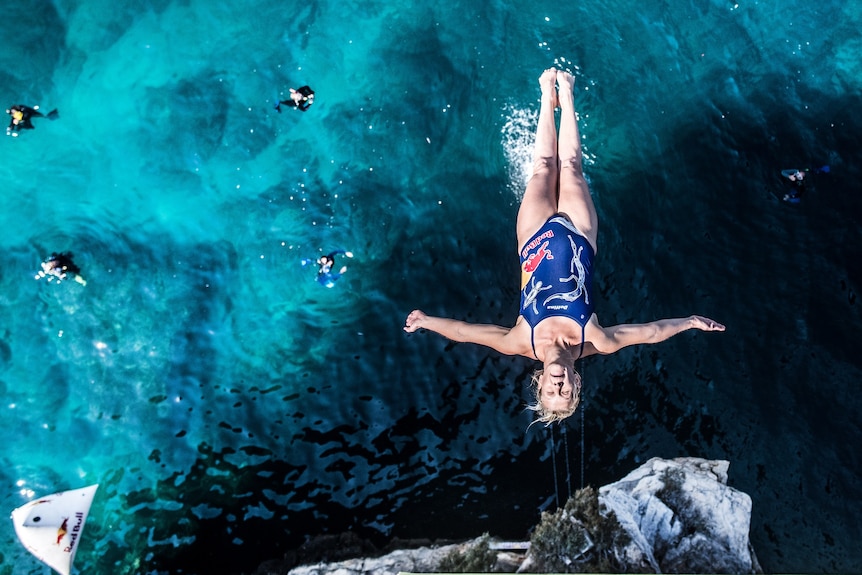 Australian high diver Rhiannan Iffland during the Red Bull Cliff Diving championships in Polignano a Mare, Italy, in 2018