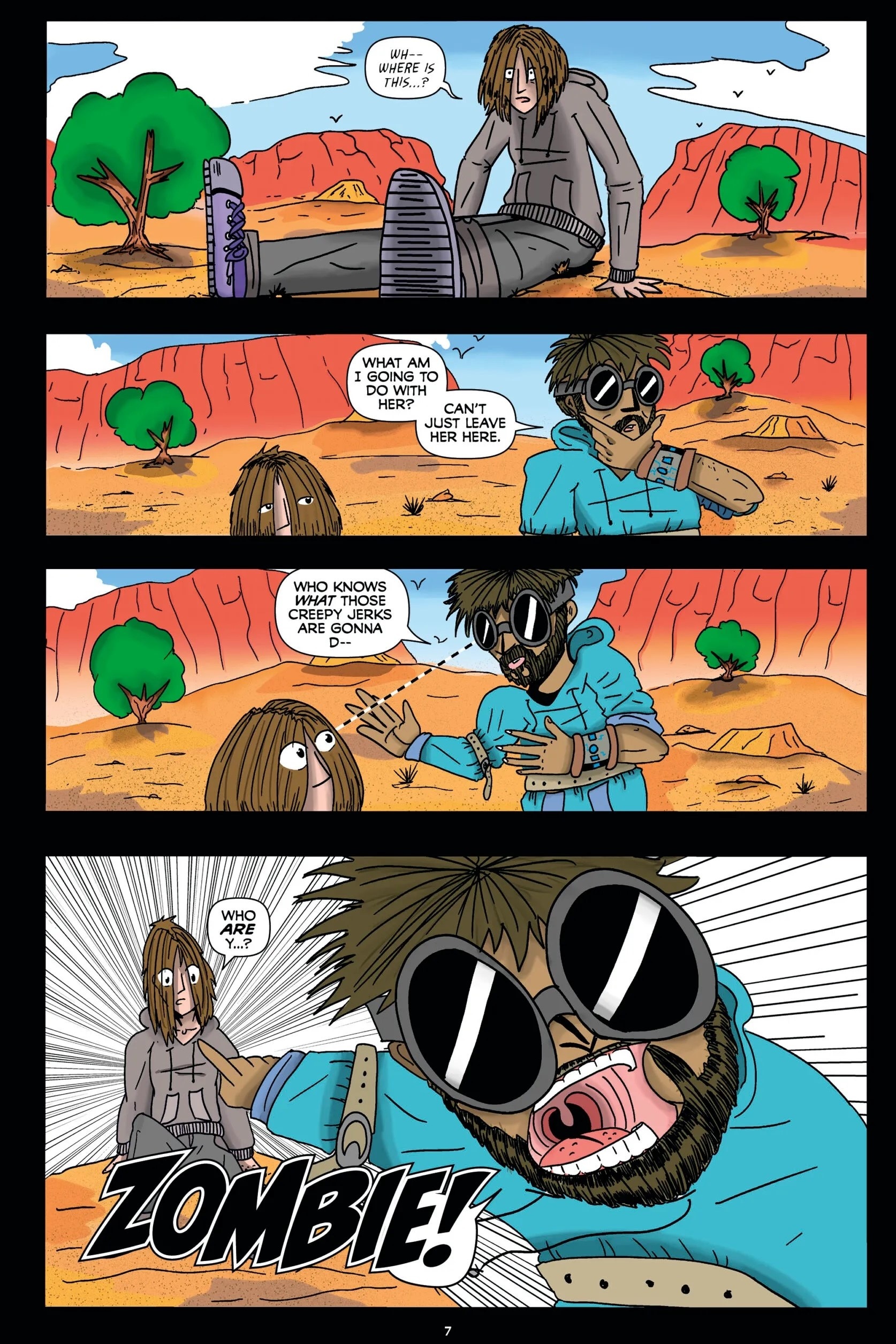 Comic book panels with characters, set in the desert.