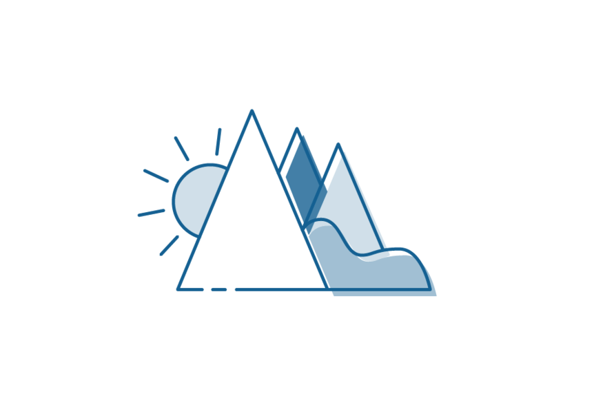 Icon drawing of sun, mountains and river.