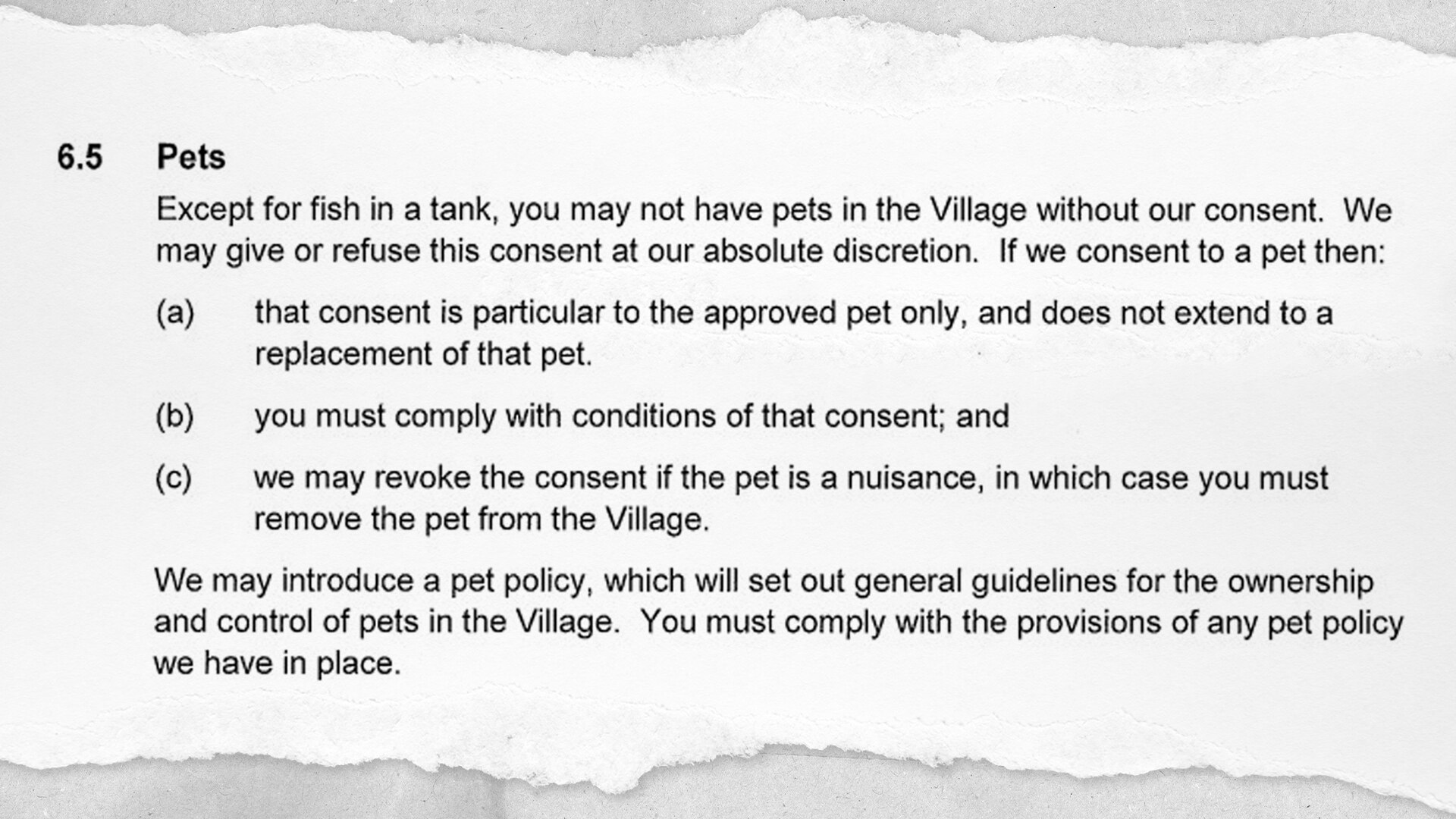 A clause in a contract about pets.