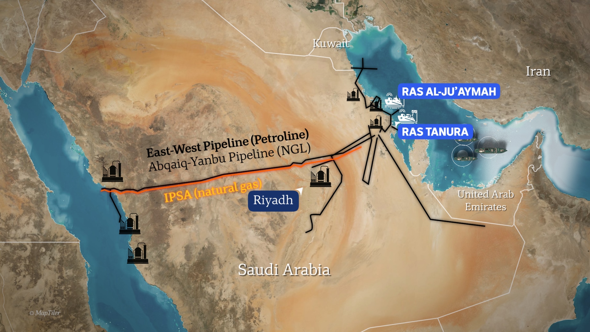 A coloured map with labels showing the Strait of Hormuz, East-West Pipeline and Iran, among other landmarks.