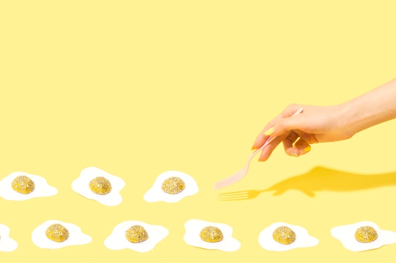A collage of fried eggs and a hand holding a fork on a yellow background to depict the art and science of conversations.
